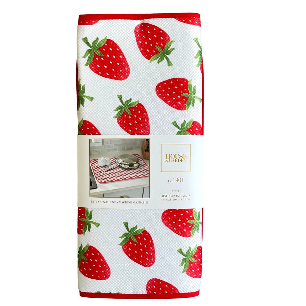 HOUSE & GARDEN Strawberry Dish Drying Mats Red & White 16x22 Set of 2 NEW